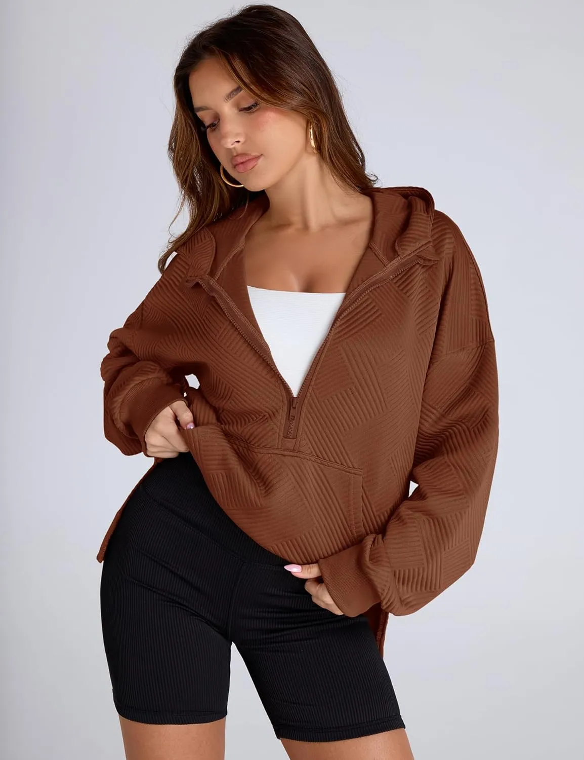 LOMON Womens Oversized Half Zip Hoodies Long Sleeve Textured Casual Sweatshirts Loose Fall Pullover Tops with Pockets