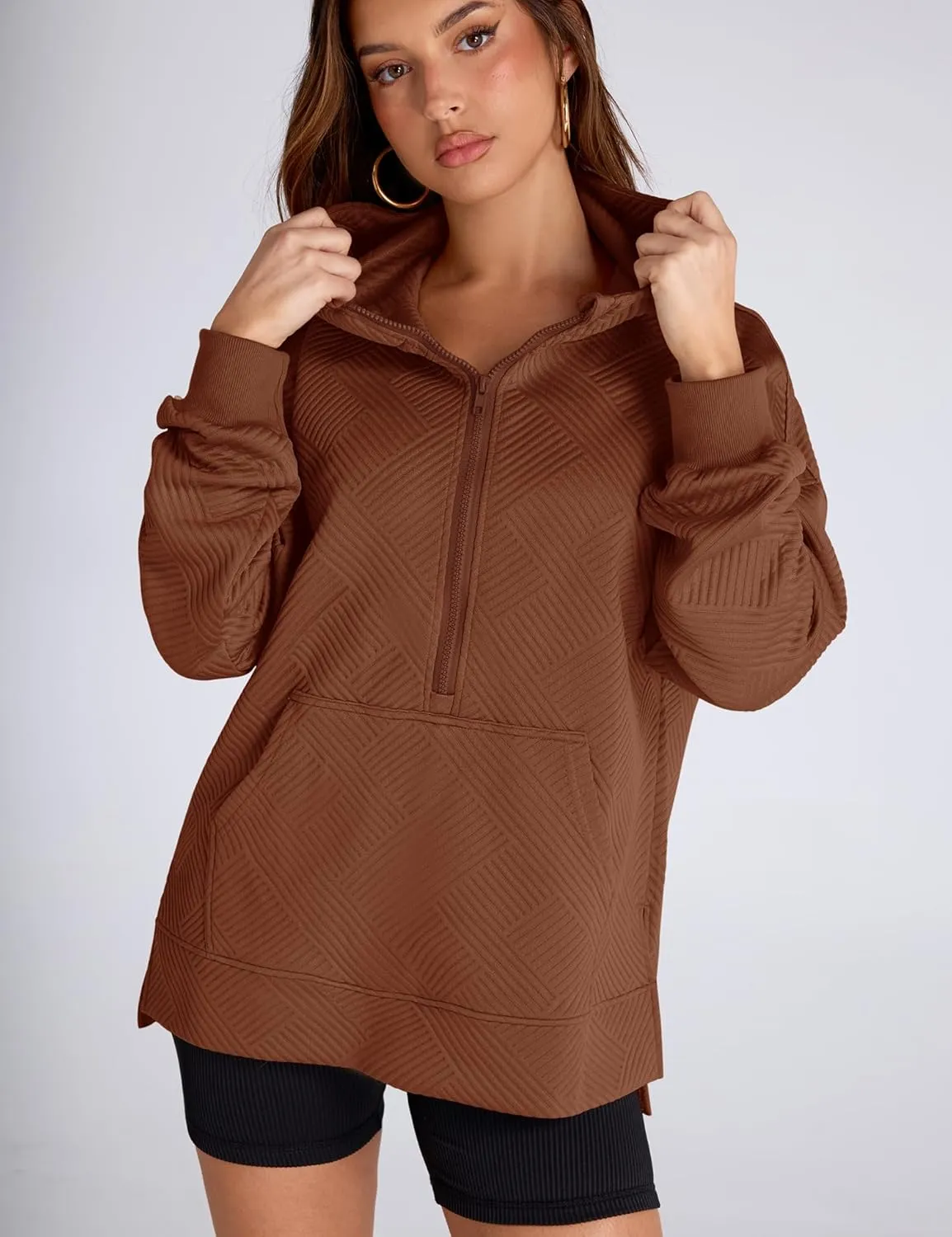LOMON Womens Oversized Half Zip Hoodies Long Sleeve Textured Casual Sweatshirts Loose Fall Pullover Tops with Pockets