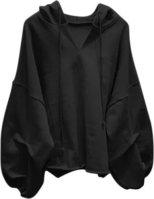 Loose Fit Hoodies For Women Casual Long Sleeve Solid Color Drawstring Sweatshirts Oversized Pullover Tops