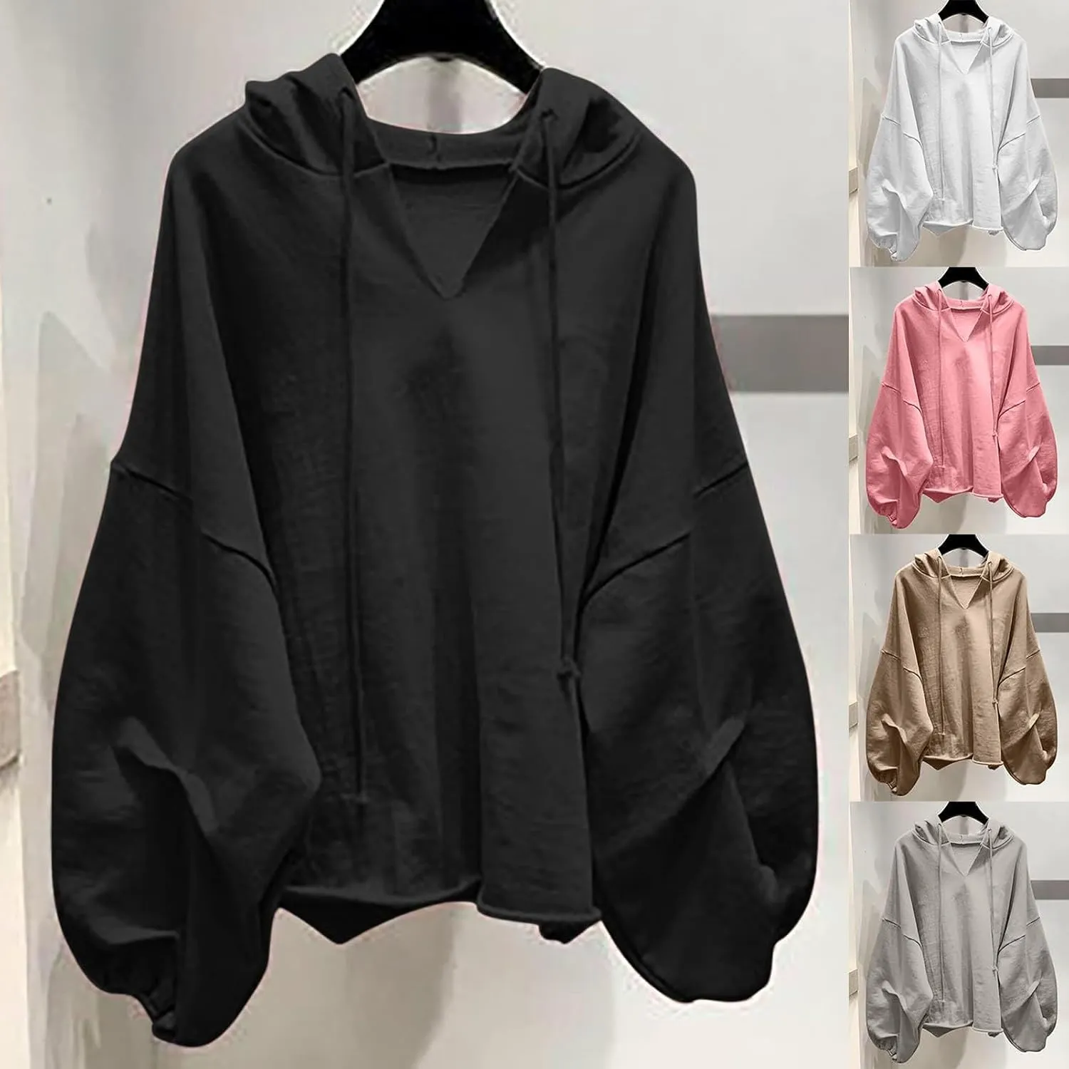 Loose Fit Hoodies For Women Casual Long Sleeve Solid Color Drawstring Sweatshirts Oversized Pullover Tops