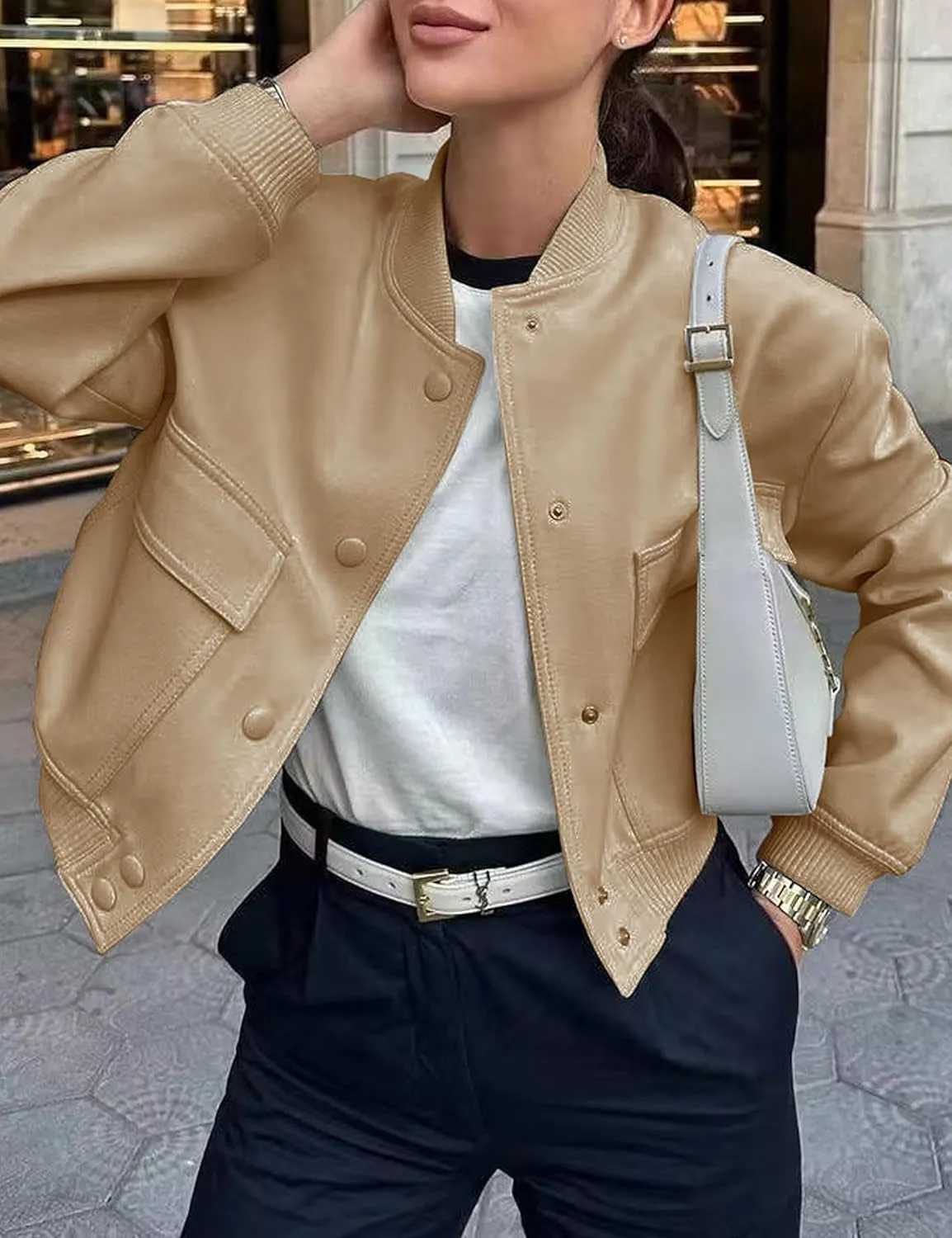 Lumister Women's Fashion Cropped Button Down Lightweight Cropped Bomber Jacket Varsity Shacket with Side Pockets