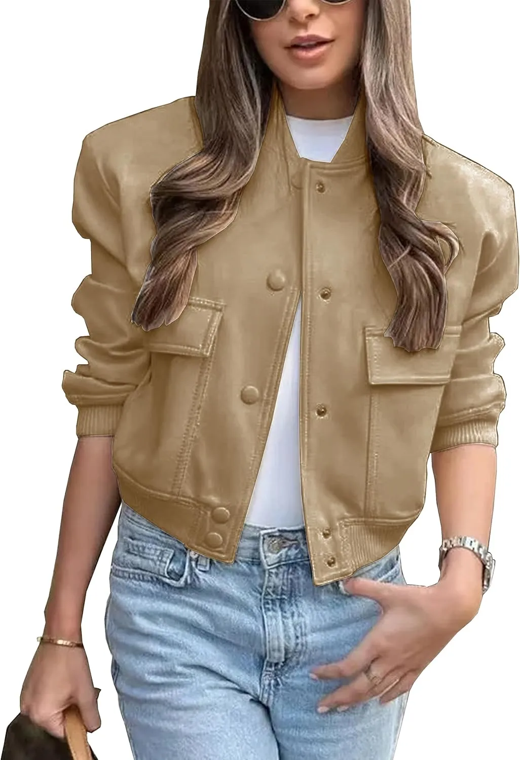 Lumister Women's Fashion Cropped Button Down Lightweight Cropped Bomber Jacket Varsity Shacket with Side Pockets