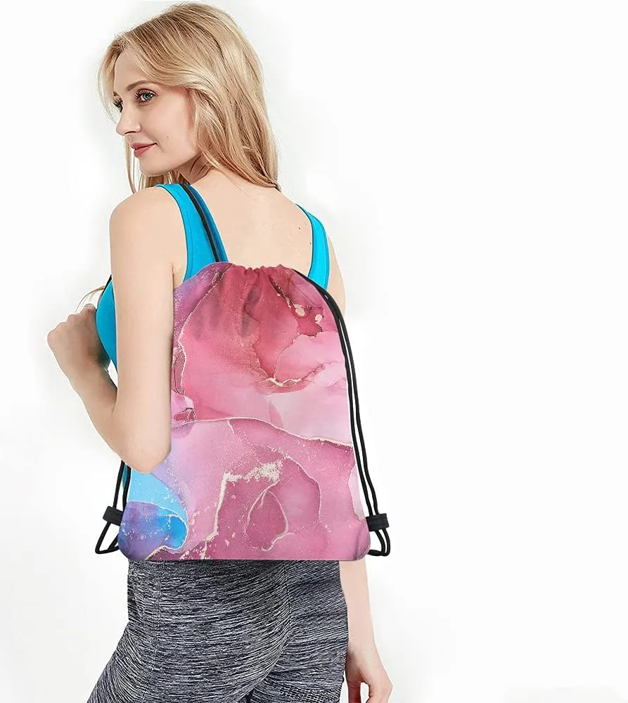 Marble Drawstring Backpack Bag - Abstract Acrylic Nature Marbling Artwork Texture Golden Swirl Dye Art Sport Gym Sack for Men Women