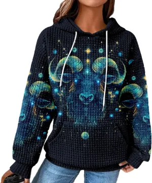 MARSVOVO Constellation Zodiac Graphic Hoodies for Women Gothic Waffle Sweatshirt Loose Casual Drawstring Fall Pullover