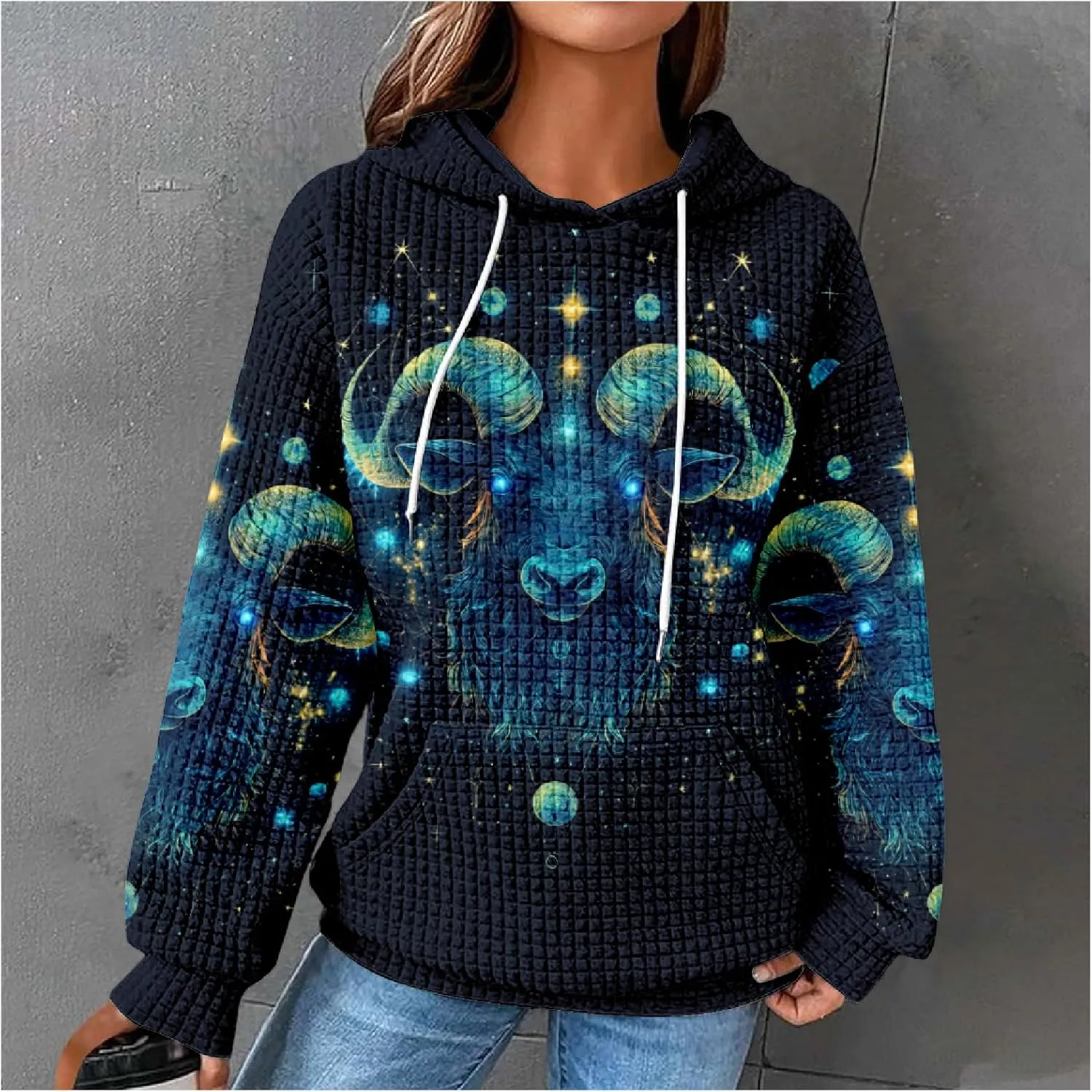 MARSVOVO Constellation Zodiac Graphic Hoodies for Women Gothic Waffle Sweatshirt Loose Casual Drawstring Fall Pullover