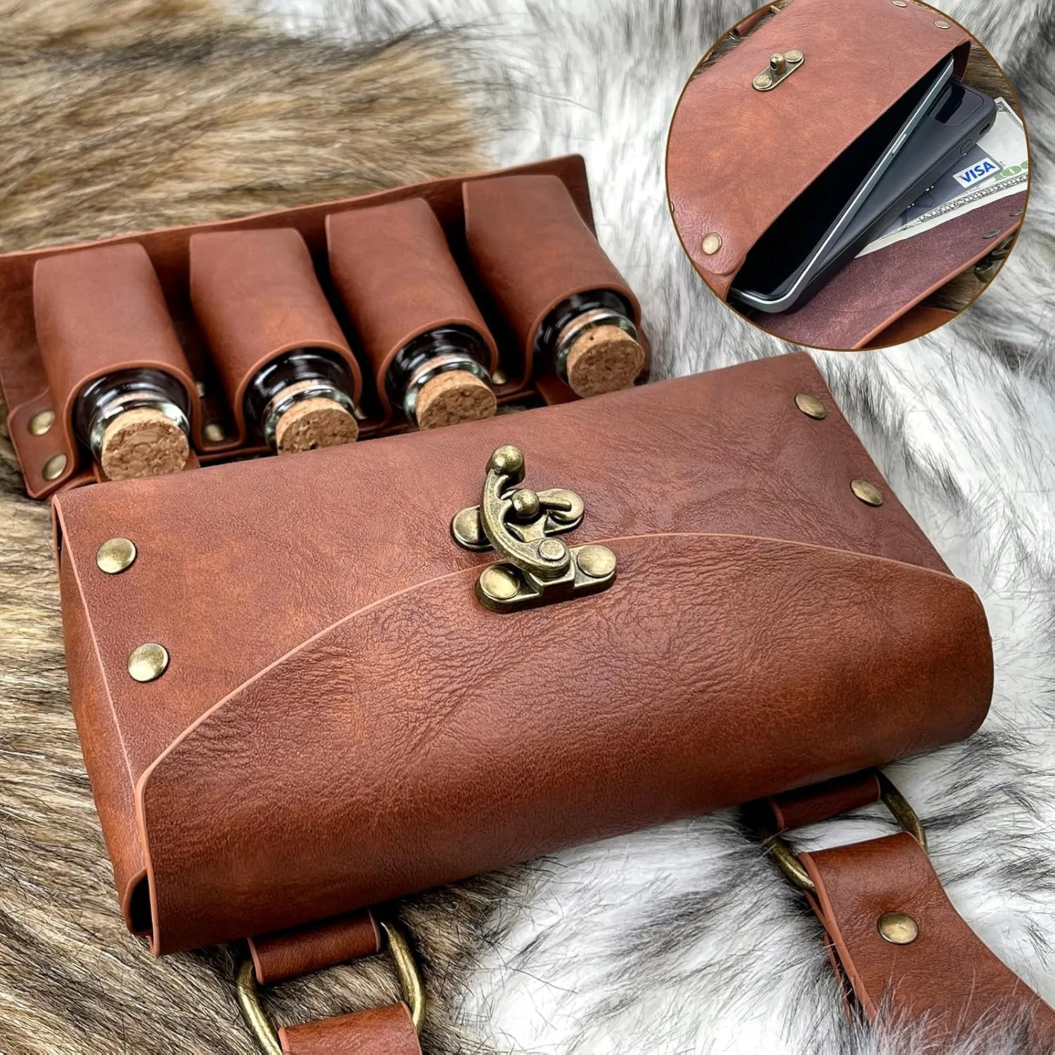 Medieval Alchemy Faux Leather Belt Bag with, Fantasy Wizard Renaissance Waist Pouches for Halloween Cosplay Costume