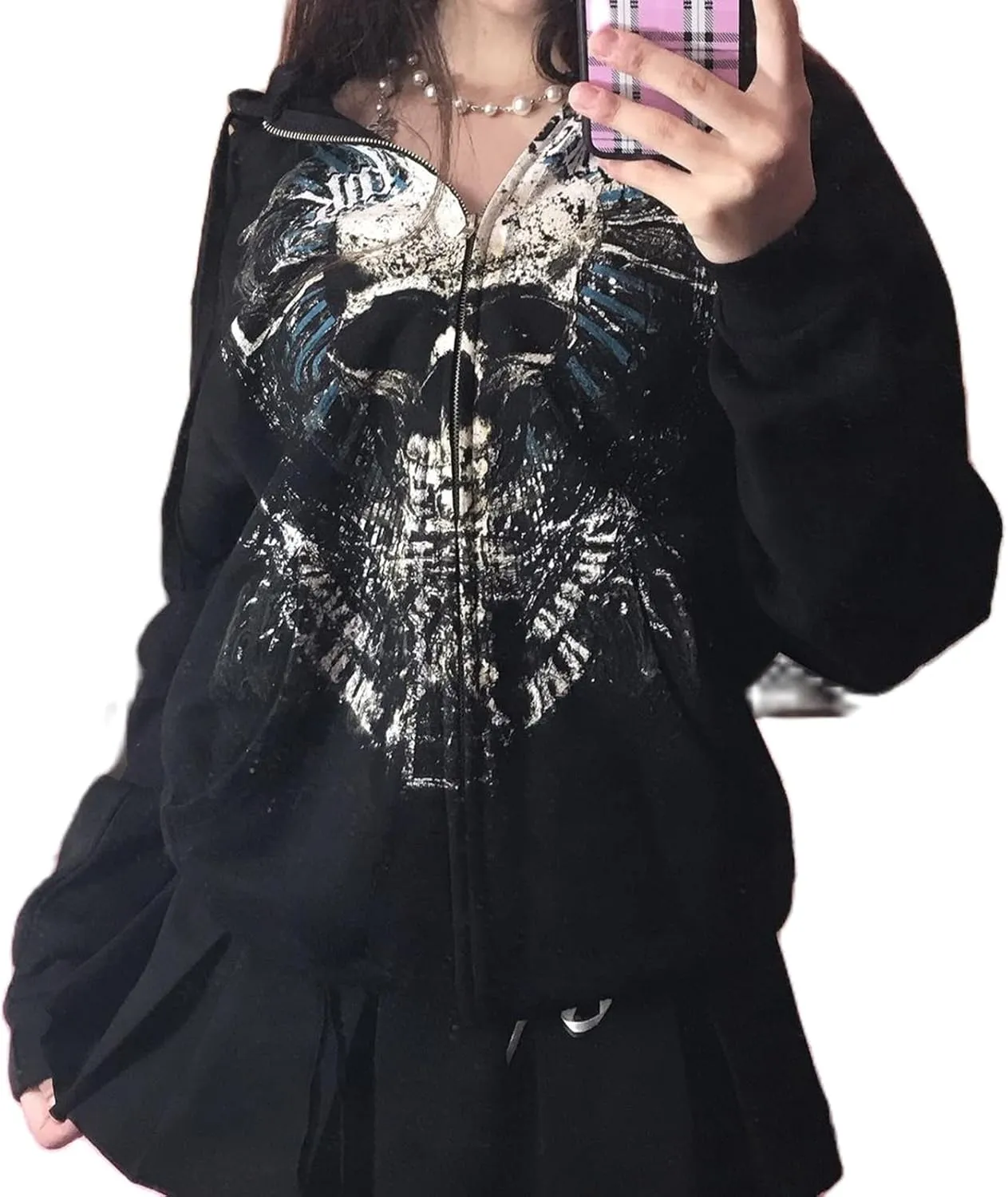 Meiweileya Women's Y2k Grunge Skull Graphic Zip Up Hoodies Emo Goth Skeleton Jacket Long Sleeve