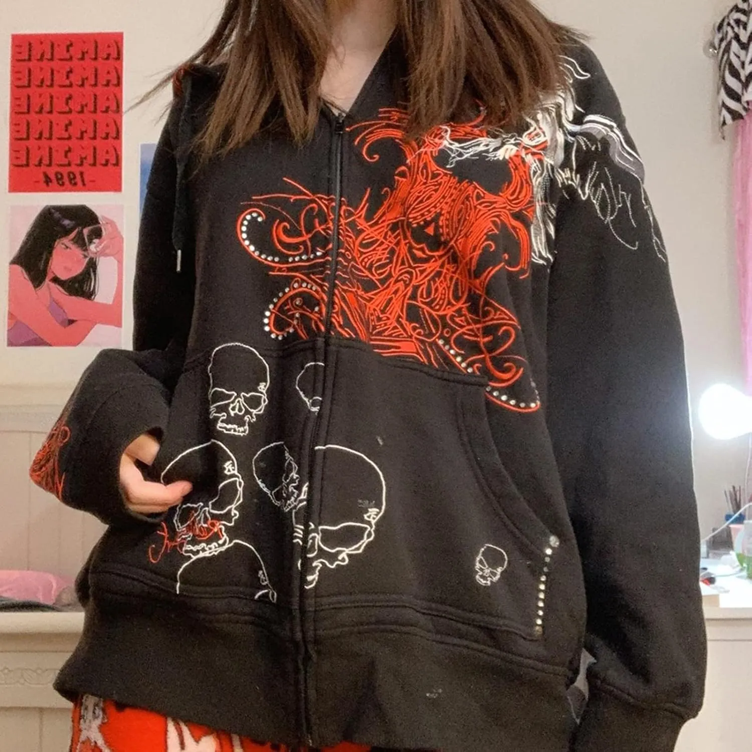 Meiweileya Women's Y2k Grunge Skull Graphic Zip Up Hoodies Emo Goth Skeleton Jacket Long Sleeve