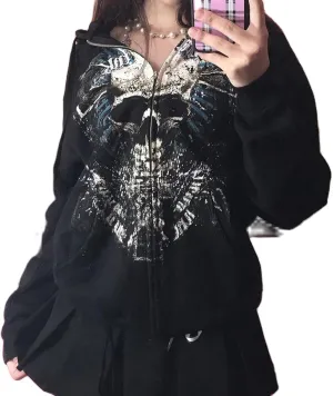 Meiweileya Women's Y2k Grunge Skull Graphic Zip Up Hoodies Emo Goth Skeleton Jacket Long Sleeve
