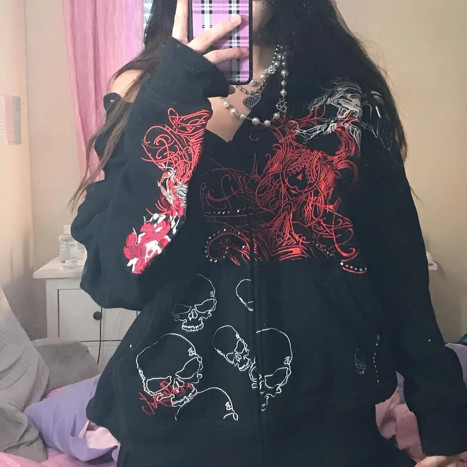 Meiweileya Women's Y2k Grunge Skull Graphic Zip Up Hoodies Emo Goth Skeleton Jacket Long Sleeve