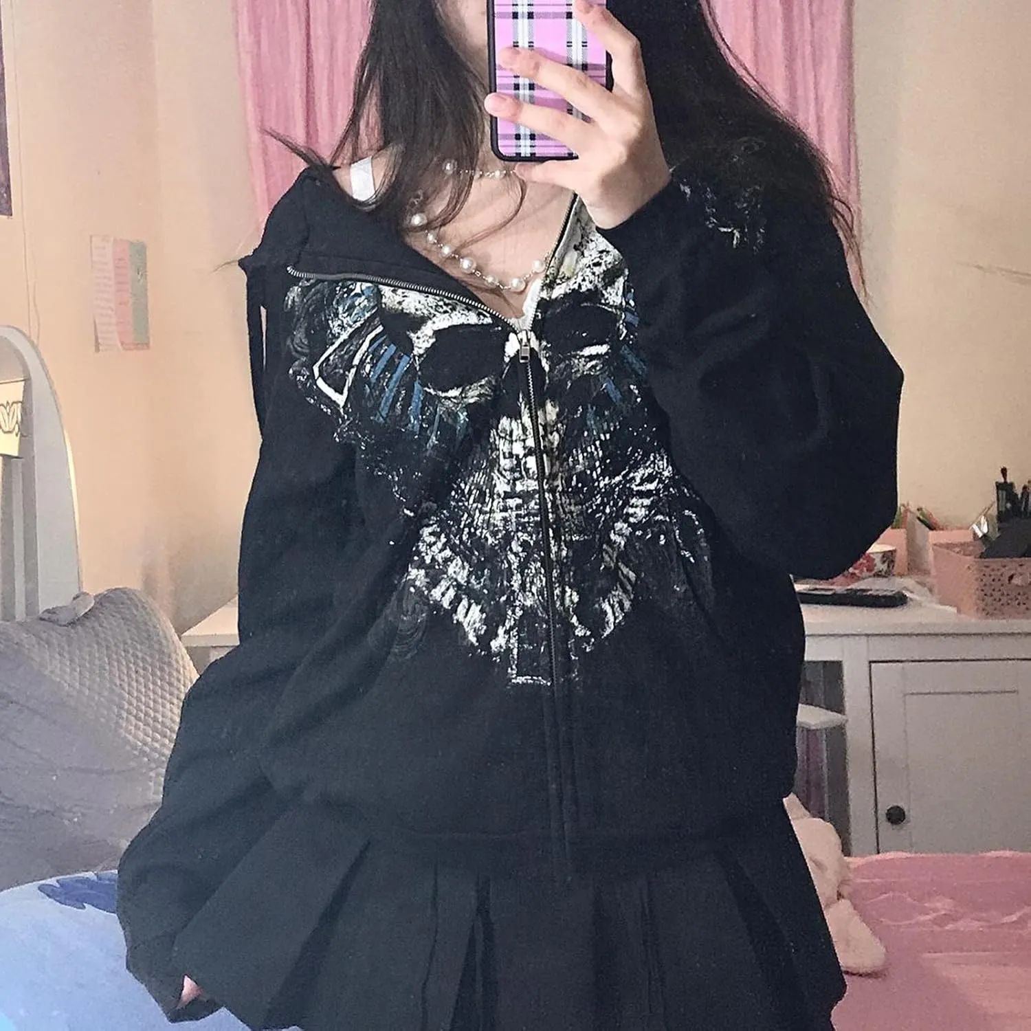 Meiweileya Women's Y2k Grunge Skull Graphic Zip Up Hoodies Emo Goth Skeleton Jacket Long Sleeve