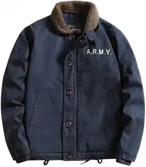 Men Winter Deck Coat Cotton-Padded Jacket Middle Fleece Cargo Jacket Vintage Lamb Fleece Coat