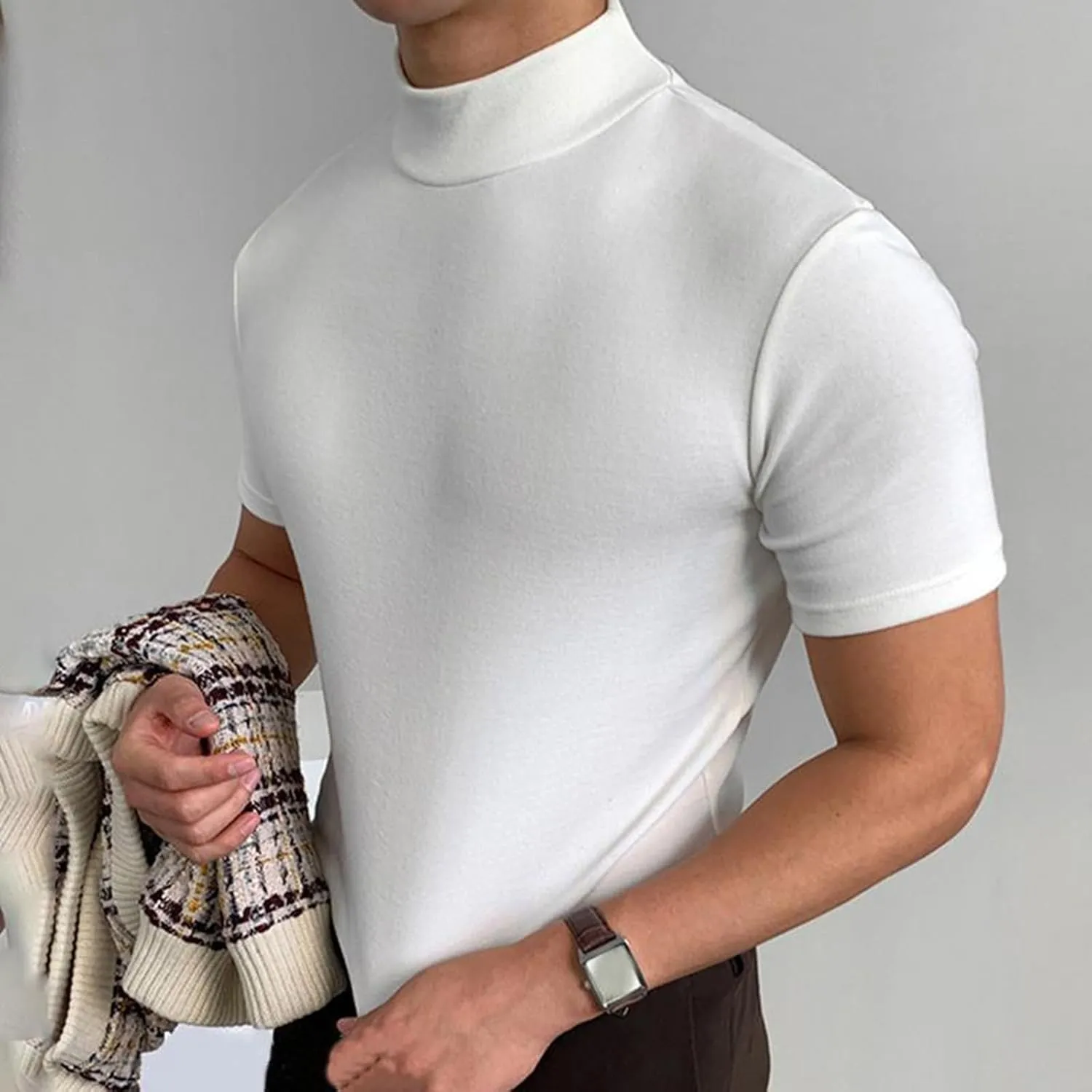 Mens Casual Turtleneck Mock Neck T Shirt Short Sleeve Slim Fit Undershirt Casual Basic Pullover Solid Tops