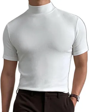 Mens Casual Turtleneck Mock Neck T Shirt Short Sleeve Slim Fit Undershirt Casual Basic Pullover Solid Tops