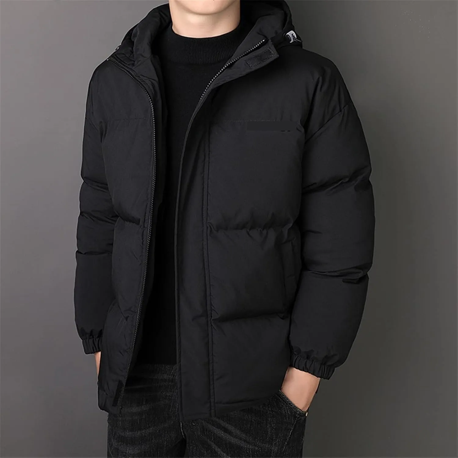 Mens Down Jacket Winter Men Jackets Hooded Thick Warm Cotton Padded Windproof Coat Male Solid Color Outwear Coat(Black,X-Large)