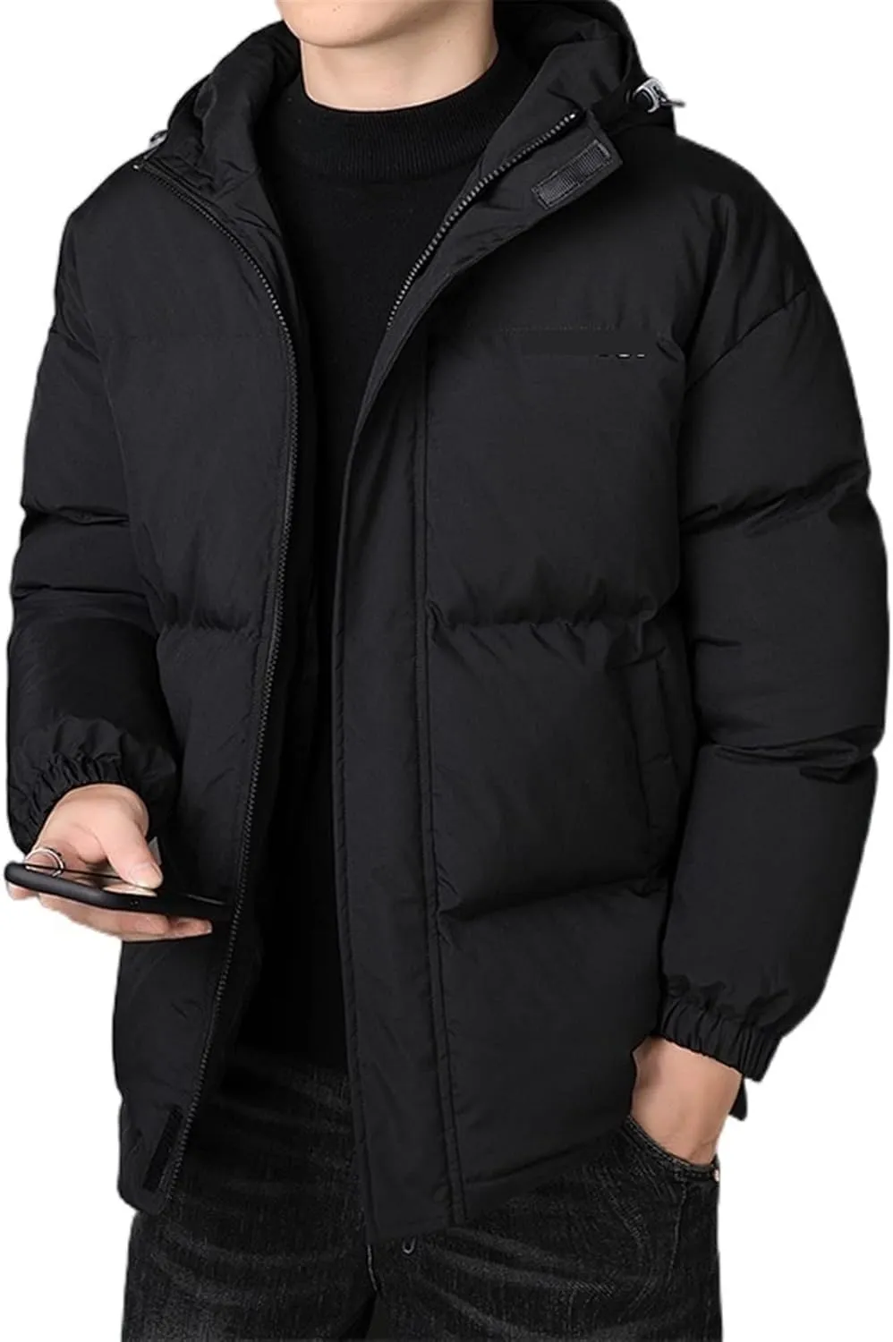 Mens Down Jacket Winter Men Jackets Hooded Thick Warm Cotton Padded Windproof Coat Male Solid Color Outwear Coat(Black,X-Large)