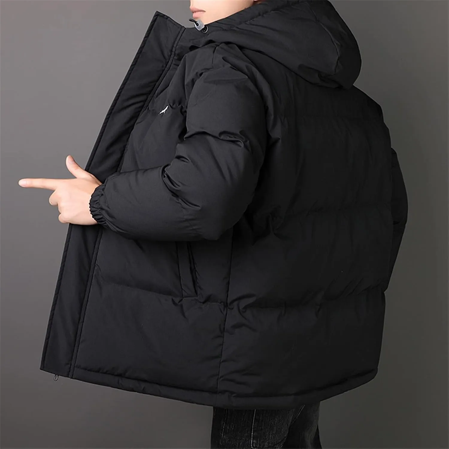 Mens Down Jacket Winter Men Jackets Hooded Thick Warm Cotton Padded Windproof Coat Male Solid Color Outwear Coat(Black,X-Large)