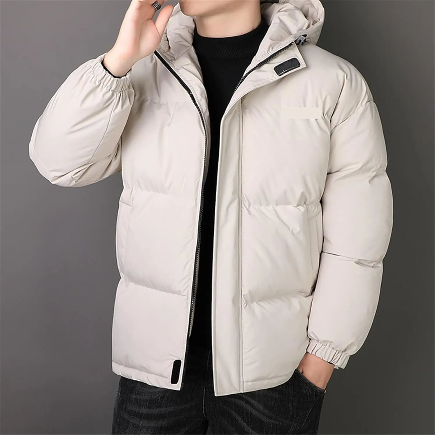 Mens Down Jacket Winter Men Jackets Hooded Thick Warm Cotton Padded Windproof Coat Male Solid Color Outwear Coat(Black,X-Large)