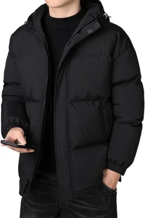 Mens Down Jacket Winter Men Jackets Hooded Thick Warm Cotton Padded Windproof Coat Male Solid Color Outwear Coat(Black,X-Large)
