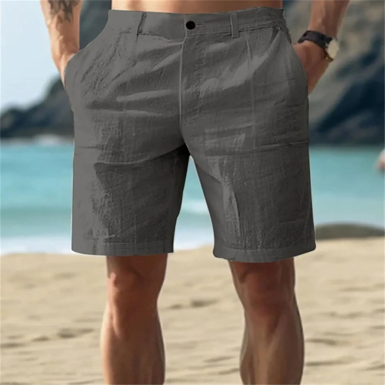 Men's Linen Shorts Casual Elastic Waist Drawstring Summer Beach Golf Shorts with Pockets 2025