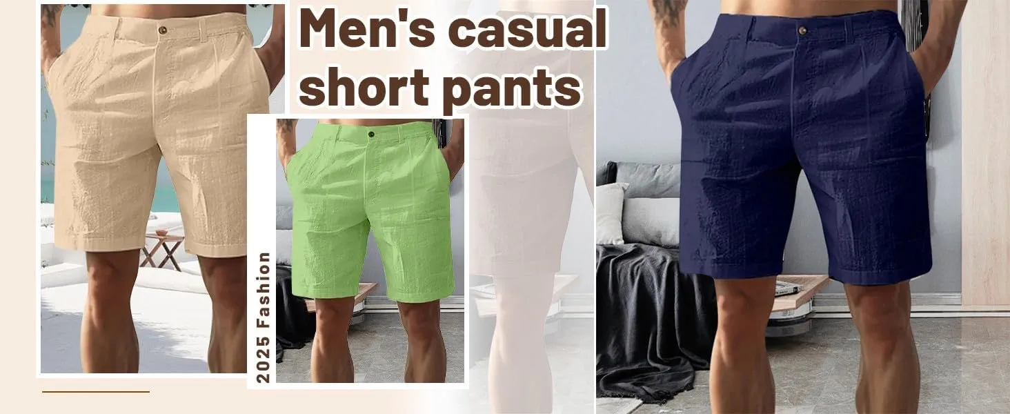 Men's Linen Shorts Casual Elastic Waist Drawstring Summer Beach Golf Shorts with Pockets 2025
