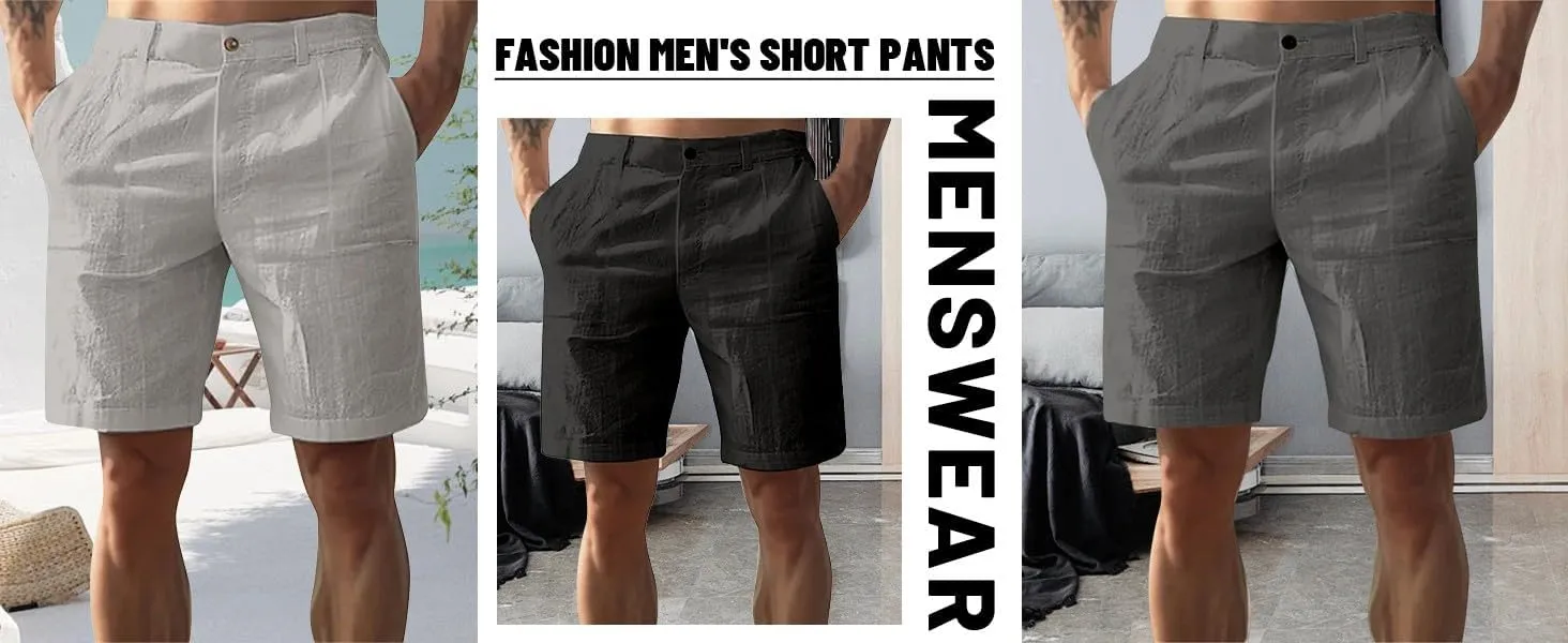Men's Linen Shorts Casual Elastic Waist Drawstring Summer Beach Golf Shorts with Pockets 2025