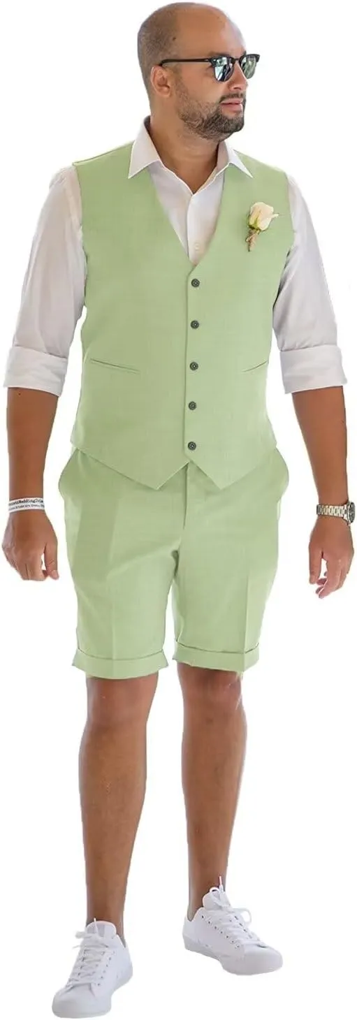 Mens Linen Vest Set Shorts 2025 Fashion Beach Wedding Suits 2 Pieces Outfits Formal Waistcoat Set For Men JXZ025