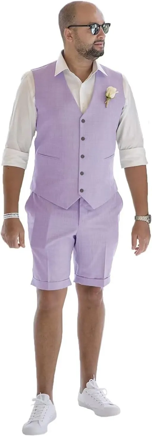 Mens Linen Vest Set Shorts 2025 Fashion Beach Wedding Suits 2 Pieces Outfits Formal Waistcoat Set For Men JXZ025