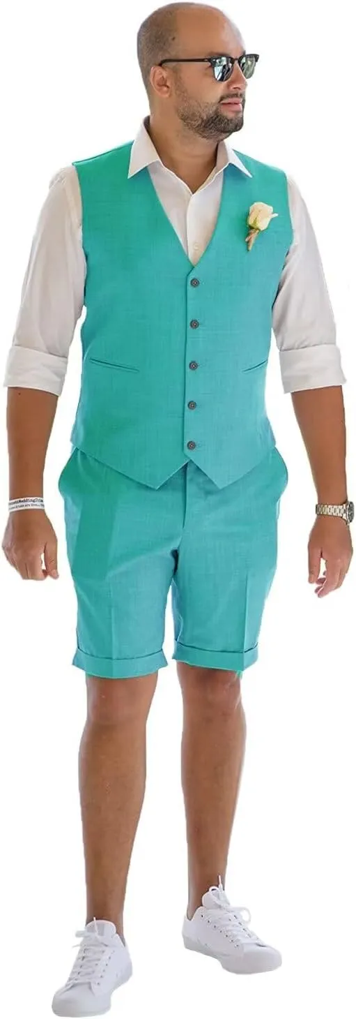 Mens Linen Vest Set Shorts 2025 Fashion Beach Wedding Suits 2 Pieces Outfits Formal Waistcoat Set For Men JXZ025