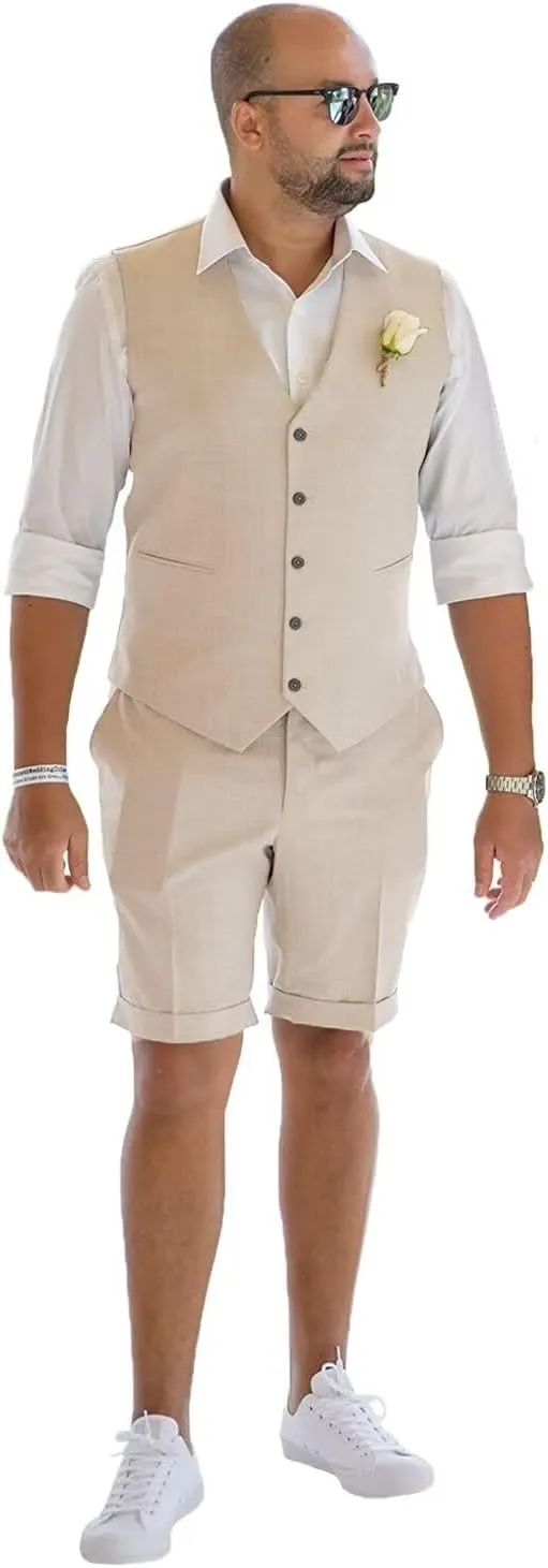 Mens Linen Vest Set Shorts 2025 Fashion Beach Wedding Suits 2 Pieces Outfits Formal Waistcoat Set For Men JXZ025