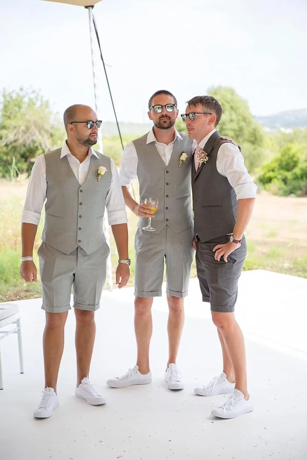 Mens Linen Vest Set Shorts 2025 Fashion Beach Wedding Suits 2 Pieces Outfits Formal Waistcoat Set For Men JXZ025