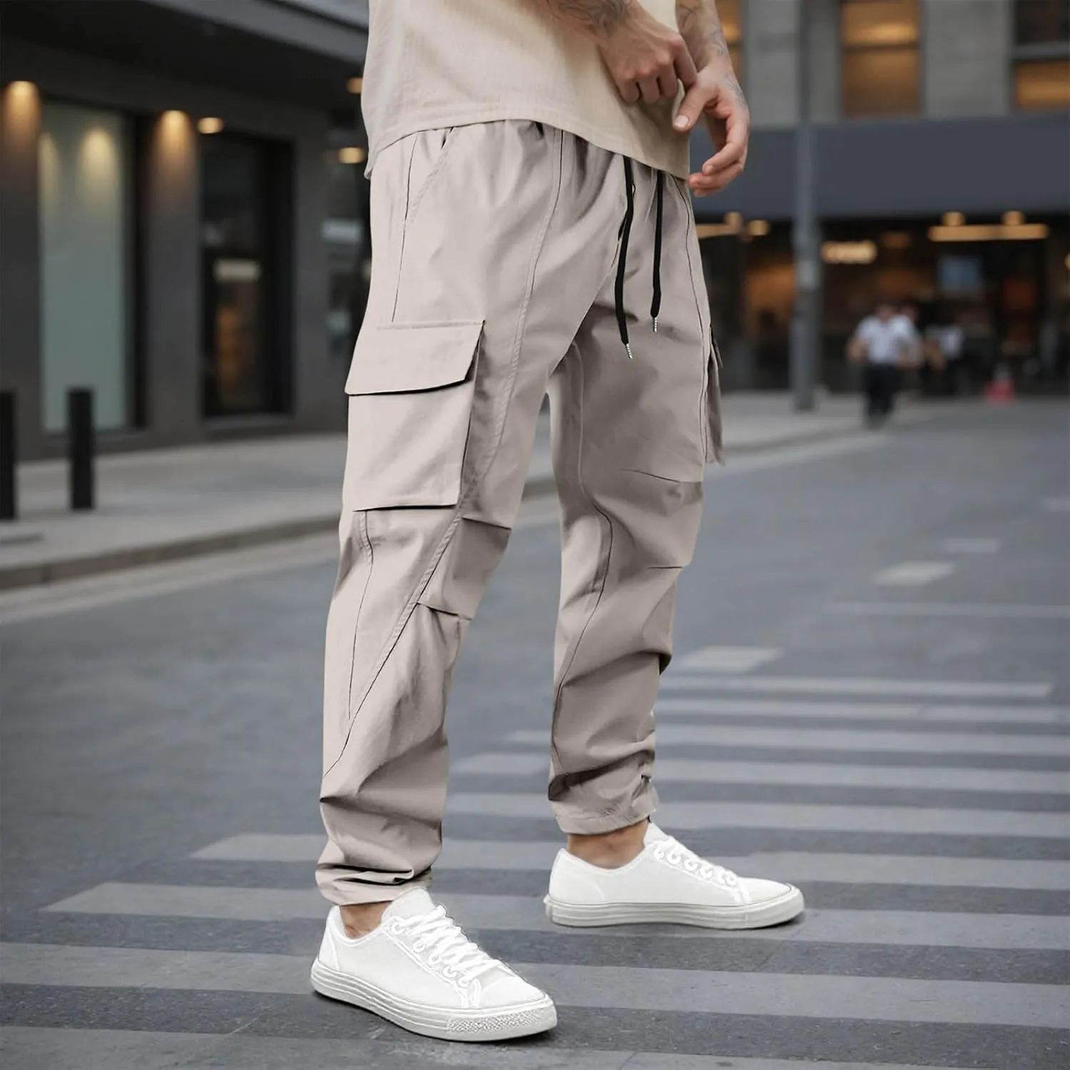 Mens Stretch Work Trousers Working Tactical Linen Elastic Waist Skinny Bike Athletic Basketball Leather Cargo Joggers