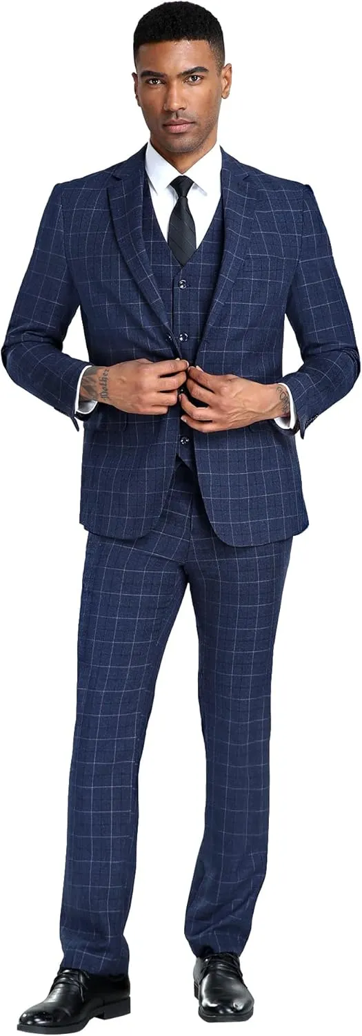 Mens Suits 3 Piece Plaid Slim Fit Tuxedo Double Breasted Prom Dress Suits Men Jackets Blazer Vest and Pants with Tie