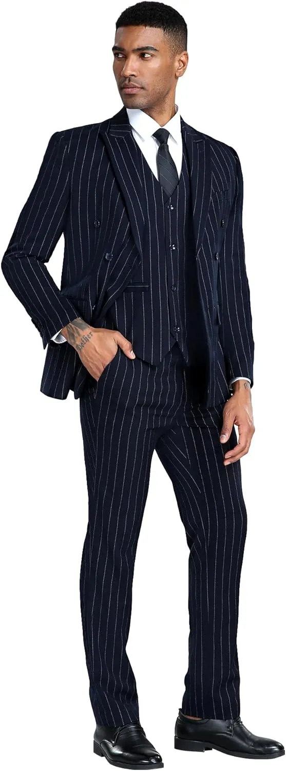 Mens Suits 3 Piece Plaid Slim Fit Tuxedo Double Breasted Prom Dress Suits Men Jackets Blazer Vest and Pants with Tie