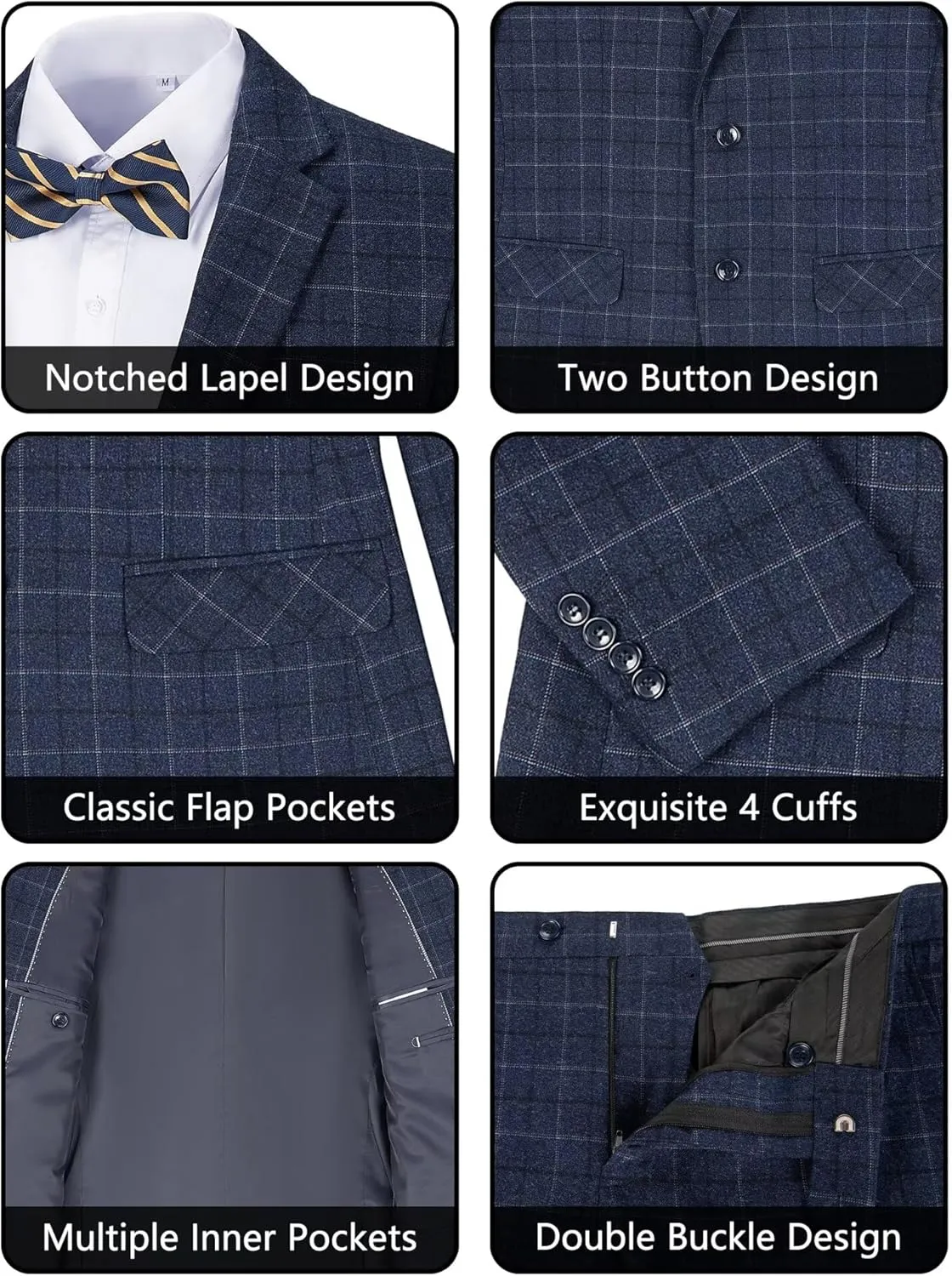 Mens Suits 3 Piece Plaid Slim Fit Tuxedo Double Breasted Prom Dress Suits Men Jackets Blazer Vest and Pants with Tie