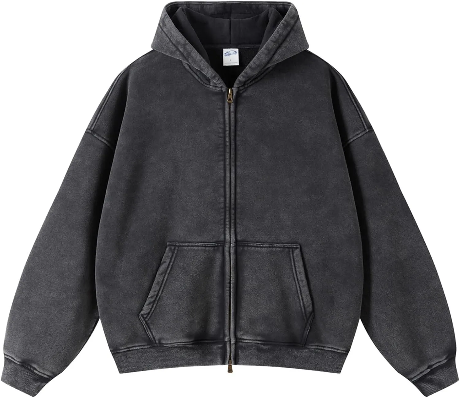 Men's Vintage Acid Wash Zip Up Oversized Hoodi Cotton Heavyweight Streetwear Sweatshirt With Pocket