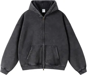 Men's Vintage Acid Wash Zip Up Oversized Hoodi Cotton Heavyweight Streetwear Sweatshirt With Pocket