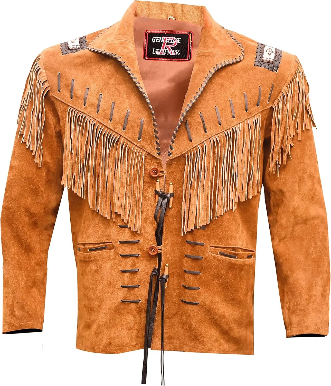 Men's Western Cowboy Jacket with Fringed Beads Native American Suede Leather Coat (Brown, Large)