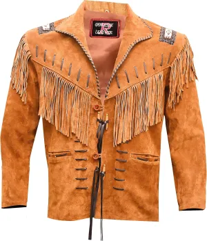 Men's Western Cowboy Jacket with Fringed Beads Native American Suede Leather Coat (Brown, Large)