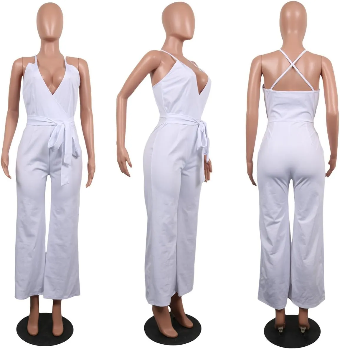 MESLIMA Women's Summer Sleeveless Short Romper Sexy Strap V Neck Wrap Front Tie Casual One Piece Jumpsuit