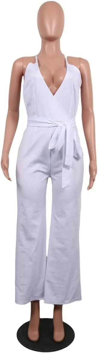 MESLIMA Women's Summer Sleeveless Short Romper Sexy Strap V Neck Wrap Front Tie Casual One Piece Jumpsuit