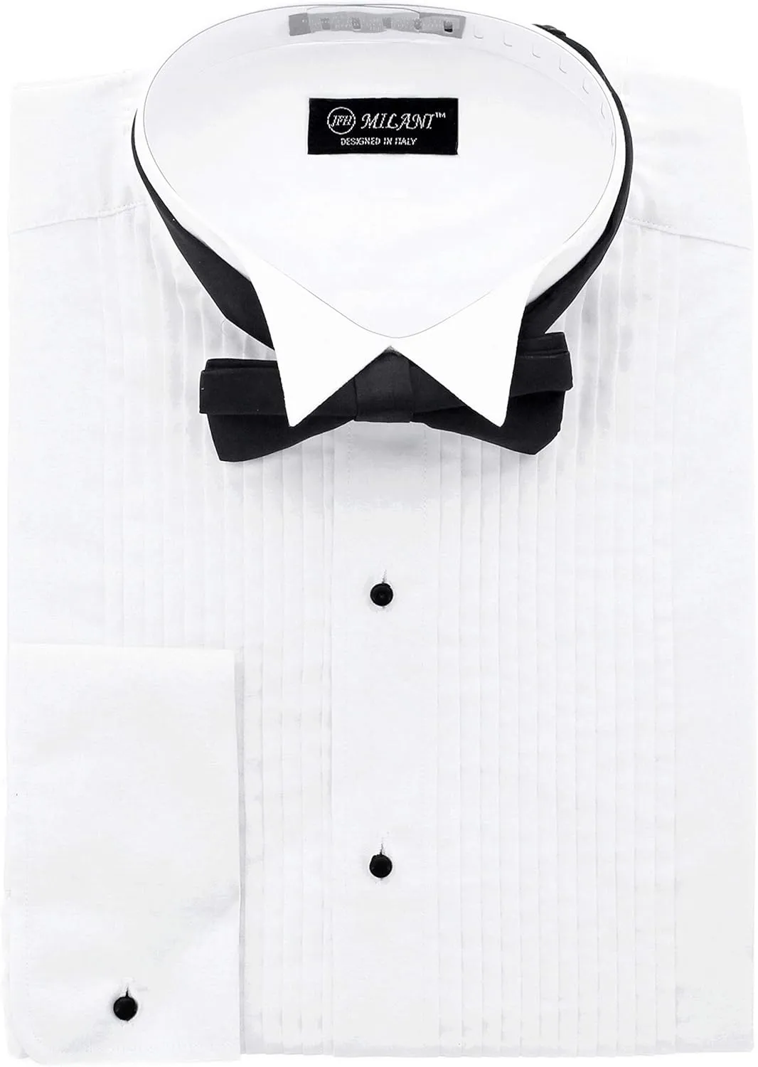 Milani Men's Tuxedo Shirt with French Cuffs and Bow Tie 16", 32/33 White