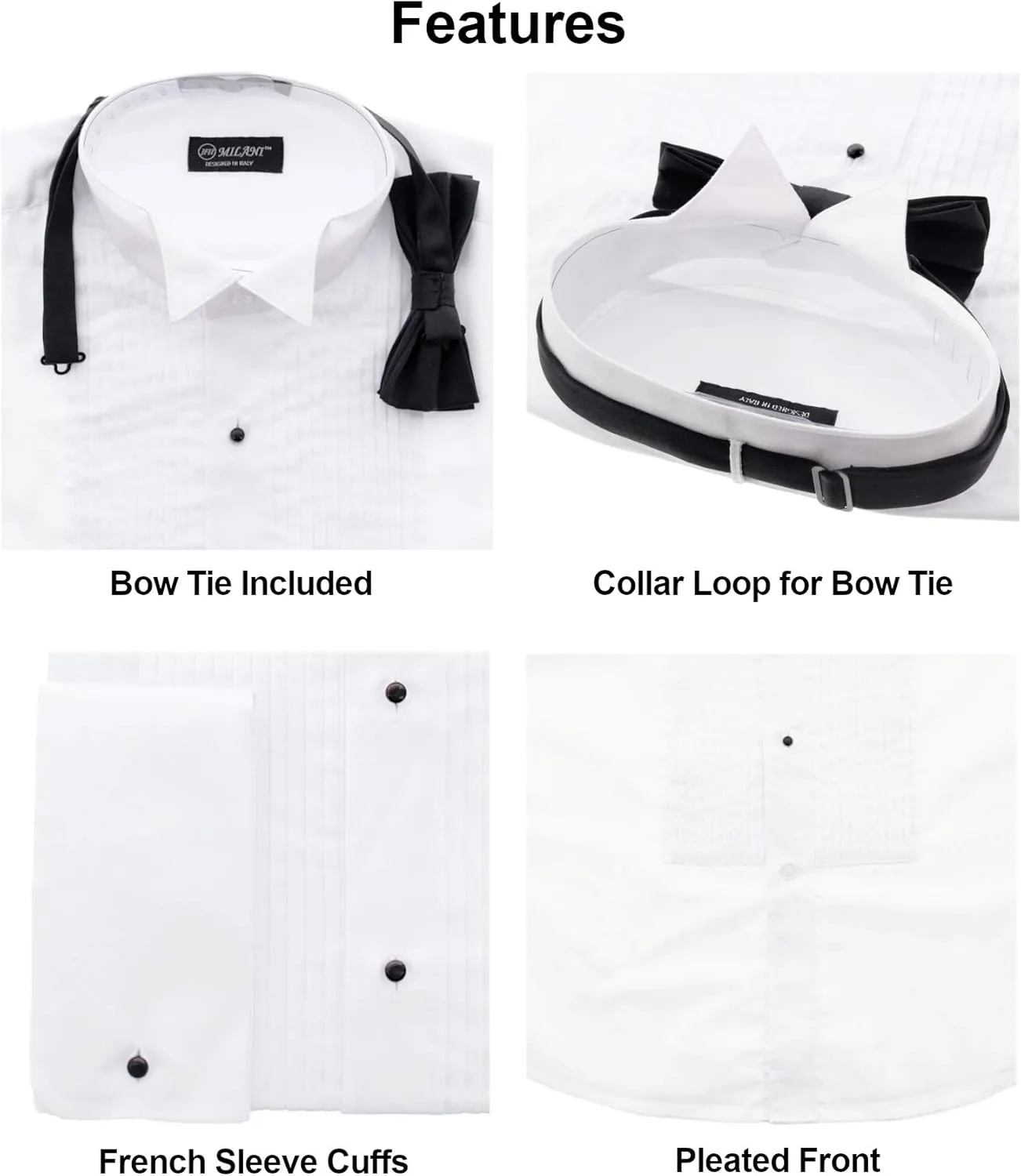 Milani Men's Tuxedo Shirt with French Cuffs and Bow Tie