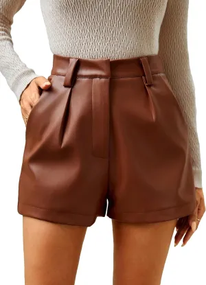 Milumia Women's PU Leather High Waisted Pleated Wide Leg Dressy Shorts with Pocket