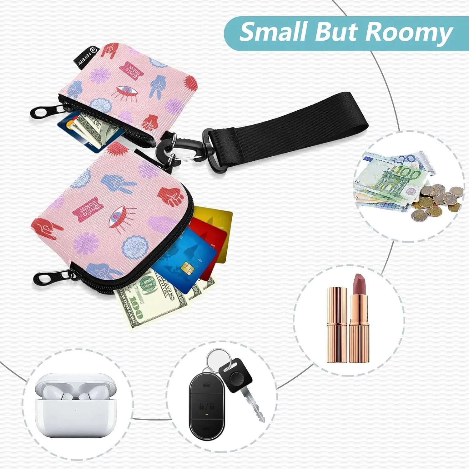 Mini Around Wristlet Keychain Dual Pouch Wallets for Women's Mini Coin Purse Pouch Pattern 2