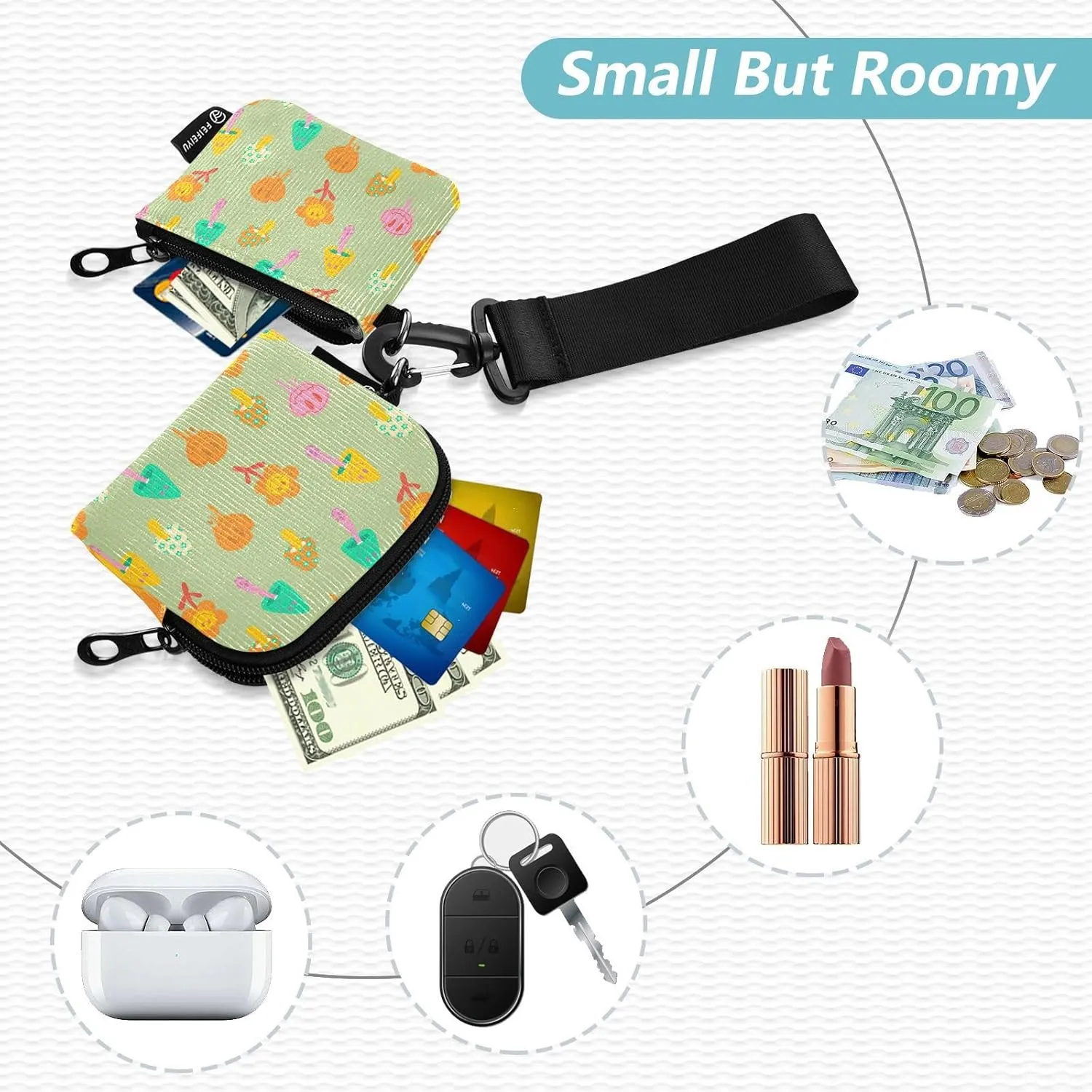 Mini Around Wristlet Keychain Dual Pouch Wallets for Women's Mini Coin Purse Pouch Pattern 5