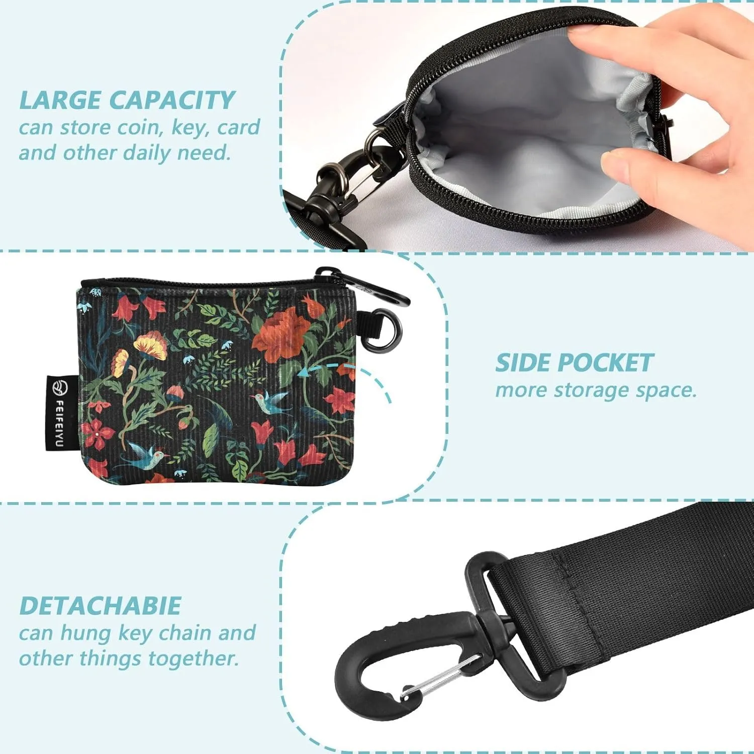 Mini Zip Around Wristlet Keychain Coin Purse Wallet Detachable Dual Pouch Card Cases Portable for Women Men,pattern 1