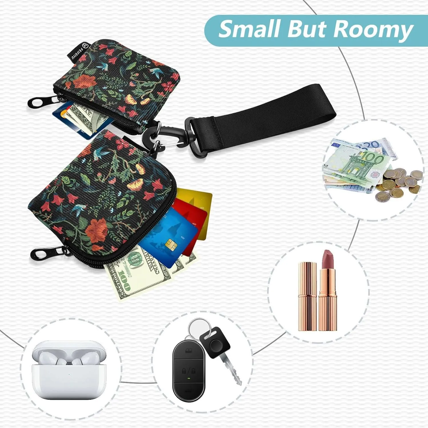 Mini Zip Around Wristlet Keychain Coin Purse Wallet Detachable Dual Pouch Card Cases Portable for Women Men,pattern 1