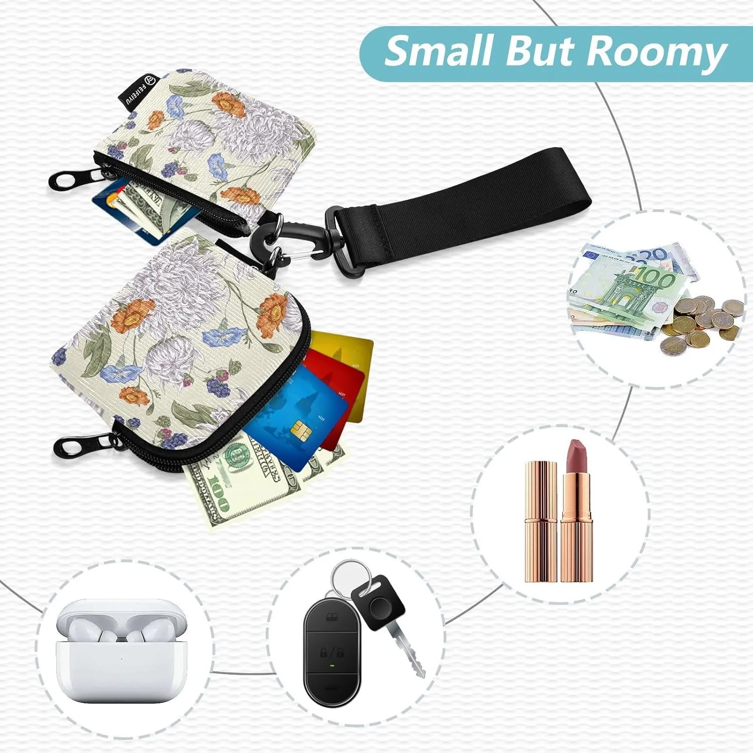 Mini Zip Around Wristlet Keychain Coin Purse Wallet Detachable Dual Pouch Card Cases Portable for Women Men,pattern 5