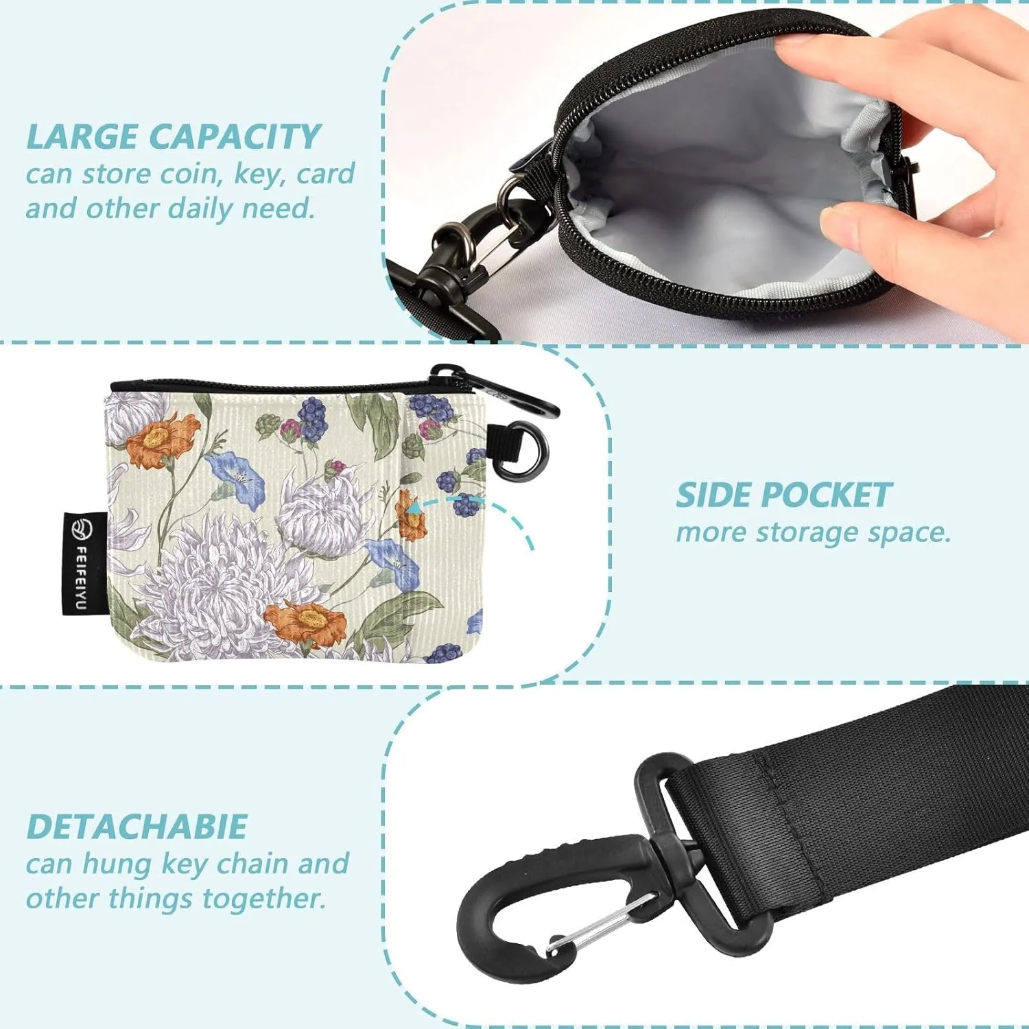 Mini Zip Around Wristlet Keychain Coin Purse Wallet Detachable Dual Pouch Card Cases Portable for Women Men,pattern 5